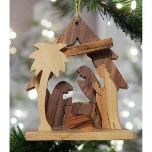 Olive Wood Nativity Ornament Hand Carved Manger Christmas Mary Joseph Baby Jesus
